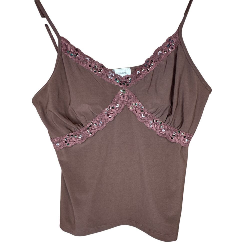 Carducci Brown Camisole Women’s Lace & Sparkle Detail Polyester Spandex